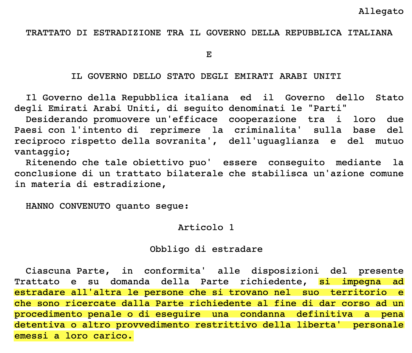 articolo 1 estradizione