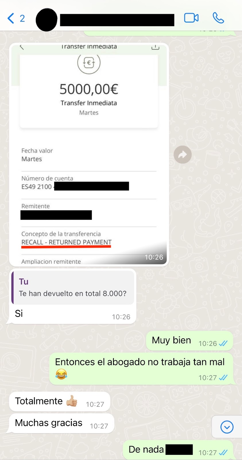 Questo è il messaggio con il quale il nostro assistito ci comunicava la restituzione degli importi allo stesso illecitamente sottratti.