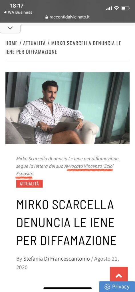Mirko Scarcella denuncia le Iene per diffamazione