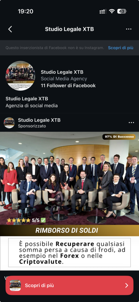 Attenzione alla truffa “Studio Legale XTB”: L’ennesima finta Recovery Room su Facebook ed Instragram